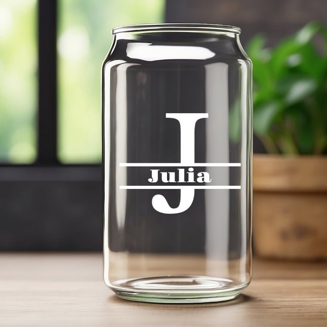 Minimalist White Letter J Monogram and Custom Name Can Glass (Creator Uploaded)