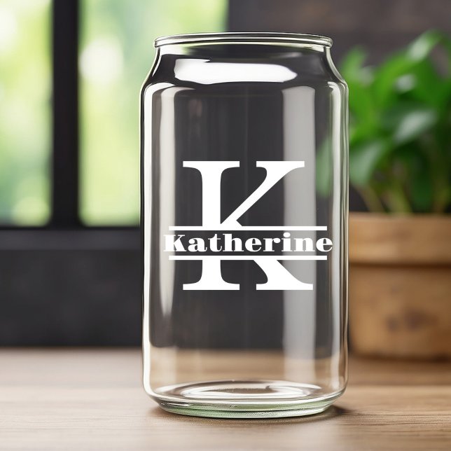 Minimalist White Letter K Monogram and Custom Name Can Glass (Creator Uploaded)