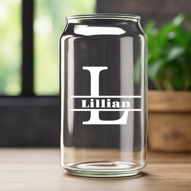 Minimalist White Letter L Monogram and Custom Name Can Glass (Creator Uploaded)