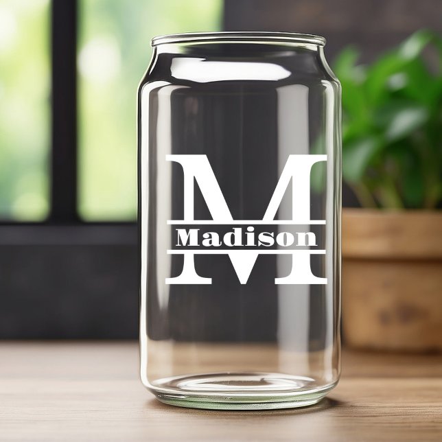 Minimalist White Letter M Monogram and Custom Name Can Glass (Creator Uploaded)