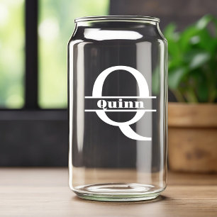 Minimalist White Letter Q Monogram and Custom Name Can Glass