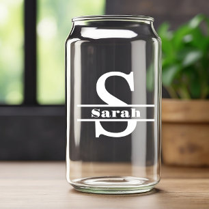 Minimalist White Letter S Monogram and Custom Name Can Glass