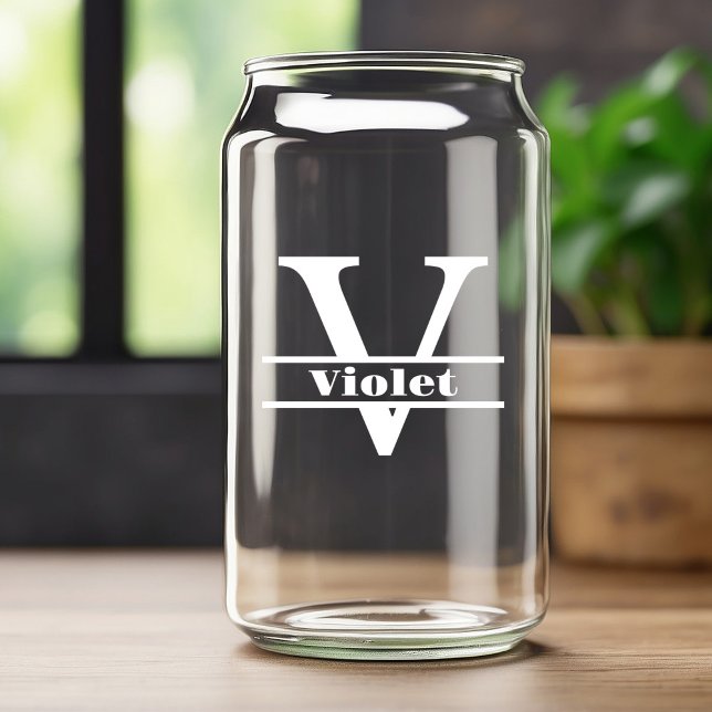 Minimalist White Letter V Monogram and Custom Name Can Glass (Creator Uploaded)