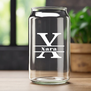 Minimalist White Letter X Monogram and Custom Name Can Glass