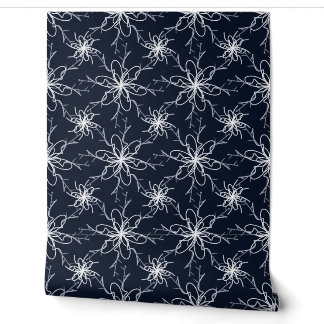 Minimalist White Line Art Floral Navy Blue Wallpaper