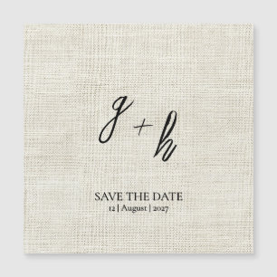 Minimalist White Linen Vintage Save Date Initials