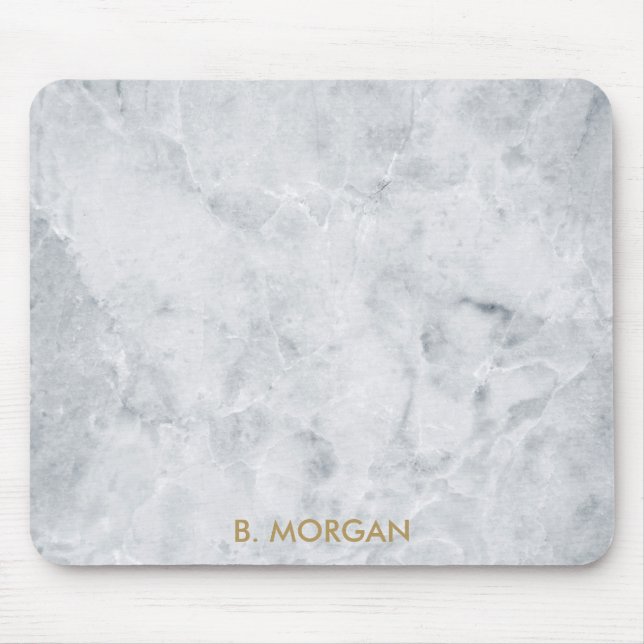 Minimalist White Marble Gold Monogram Mouse Pad (Front)
