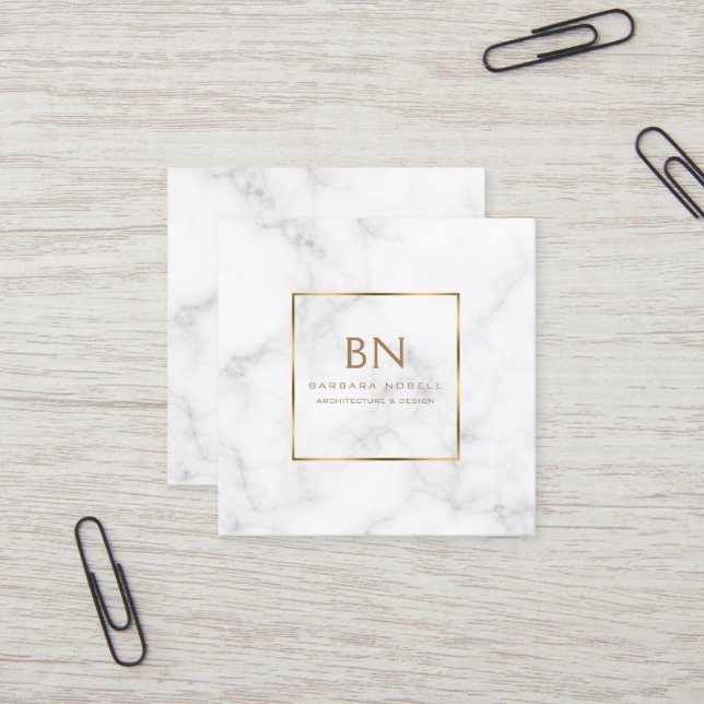 Minimalist White Marble Gold Monogram Square Business Card (Front/Back In Situ)
