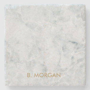 Minimalist White Marble Gold Monogram Stone Coaster