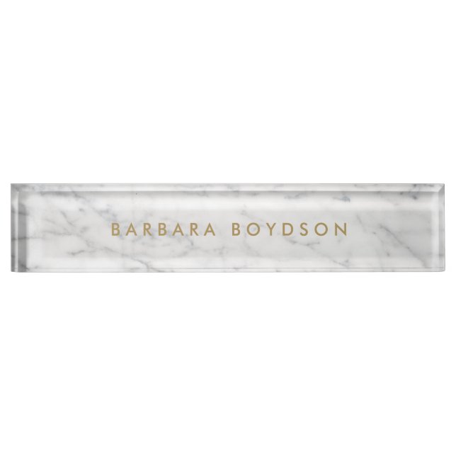 Minimalist White Marble Gold Name Personalised Nameplate (Front)