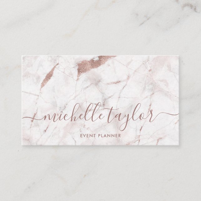 Minimalist white marble rose gold signature script business card (Front)
