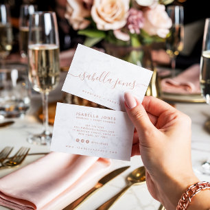 Minimalist white marble rose gold signature script business card