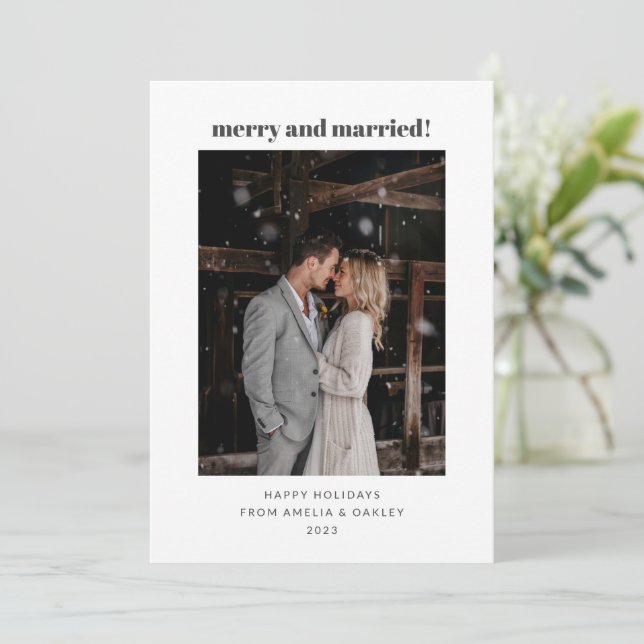 Minimalist White Merry Married Christmas Photo Holiday Card (Standing Front)