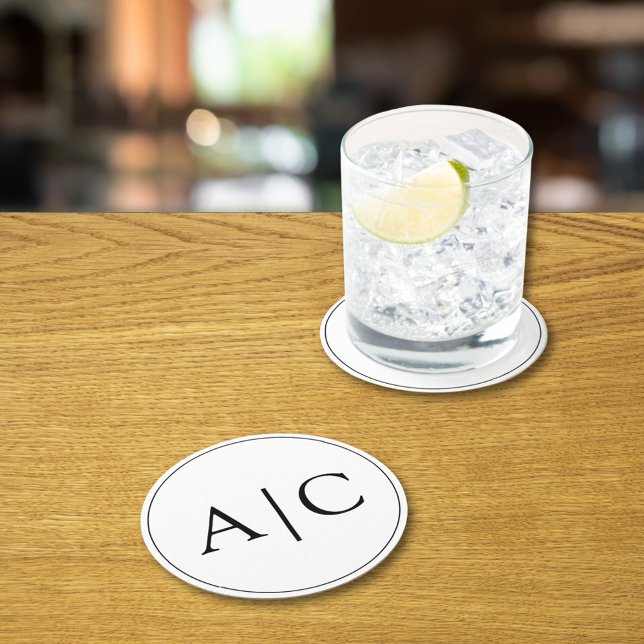   Minimalist White Monogram Wedding Round Paper Coaster (Creator Uploaded)