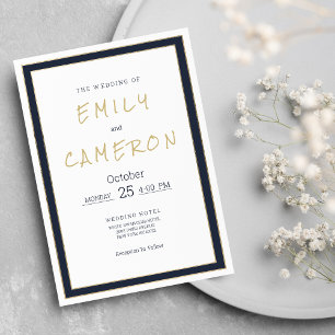 Minimalist white navy blue gold geometric Wedding  Invitation