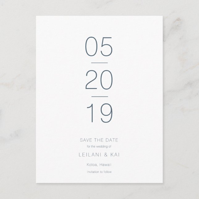Minimalist White & Navy Blue Save the Date Announcement Postcard (Front)