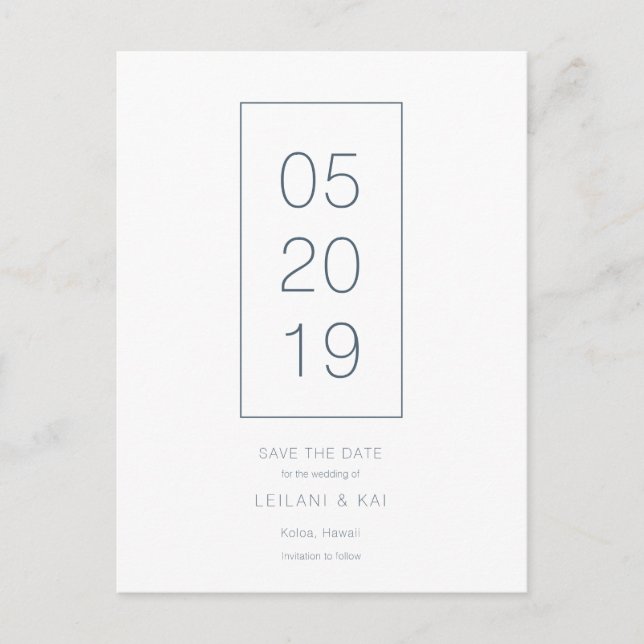 Minimalist White & Navy Save the Date Postcard (Front)