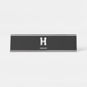 MINIMALIST WHITE ONE LETTER MONOGRAM NAME BLACK  DESK NAME PLATE