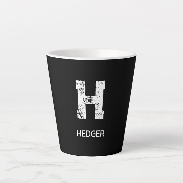 MINIMALIST WHITE ONE LETTER MONOGRAM NAME BLACK LATTE MUG (Front)