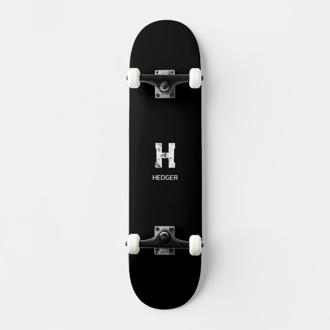 MINIMALIST WHITE ONE LETTER MONOGRAM NAME BLACK  SKATEBOARD (Front)