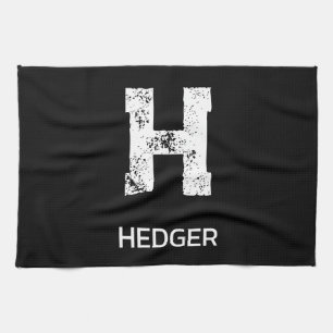 MINIMALIST WHITE ONE LETTER MONOGRAM NAME BLACK  TEA TOWEL