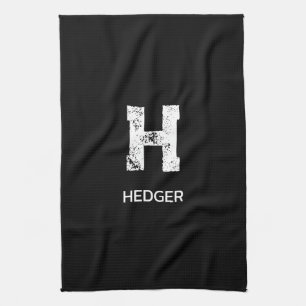 MINIMALIST WHITE ONE LETTER MONOGRAM NAME BLACK TEA TOWEL