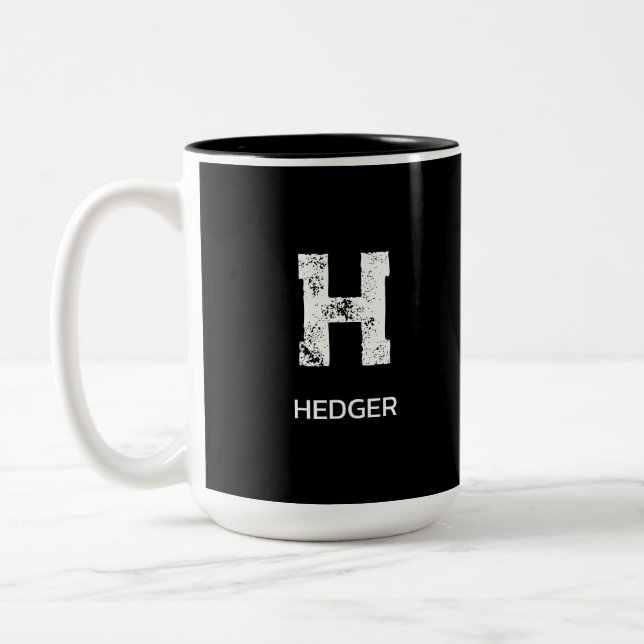 MINIMALIST WHITE ONE LETTER MONOGRAM NAME BLACK Two-Tone COFFEE MUG (Left)