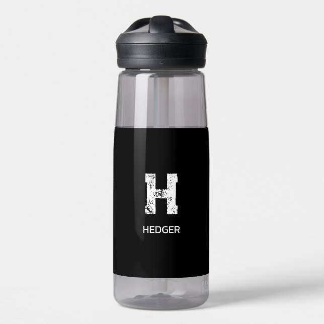 MINIMALIST WHITE ONE LETTER MONOGRAM NAME BLACK WATER BOTTLE (Front)