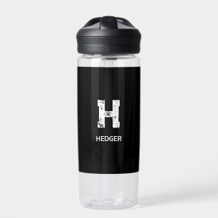 MINIMALIST WHITE ONE LETTER MONOGRAM NAME BLACK WATER BOTTLE