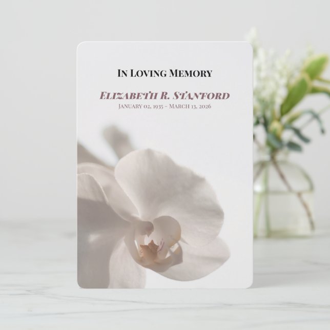 Minimalist White Orchid Memorial Program Invitation (Standing Front)
