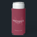 Minimalist White Personalised Groomsmen Can Cooler<br><div class="desc">Add a personal touch to your wedding with personalised groomsmen can cooler. This can cooler features personalised groomsman's name with title and wedding date in white and monogram in light burgundy red as background, in classic serif font style, on burgundy red background. Also perfect for best man, father of the...</div>