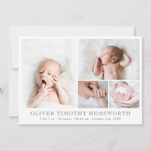 Minimalist White Photo Collage Baby Announcement (Front)