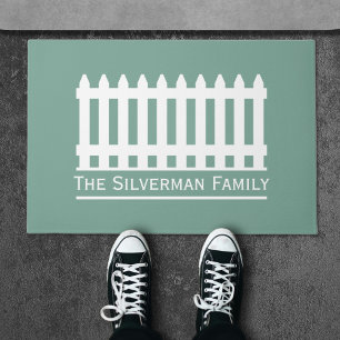 Minimalist White Picket Fence on Green Family Doormat