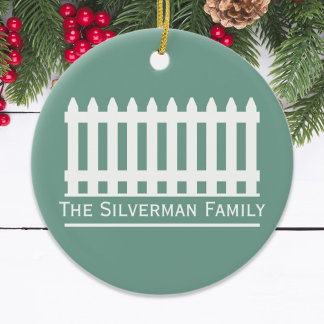 Minimalist White Picket Fence on Green Personalise Ceramic Tree Decoration