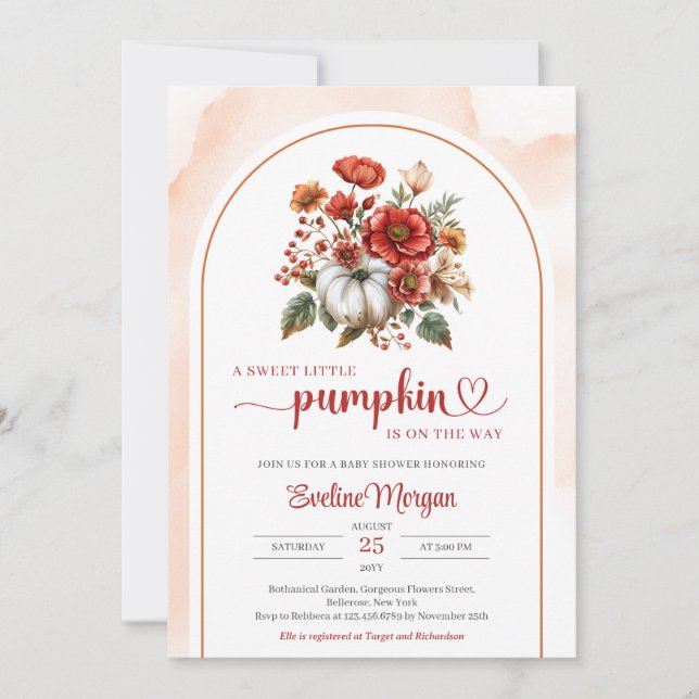 Minimalist white pumpkin red burgundy flowers invitation (Front)