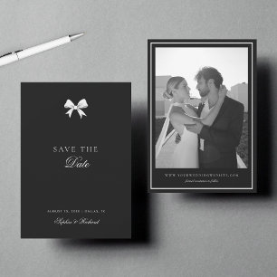 Minimalist White Ribbon Bow Vintage Photo Wedding Save The Date