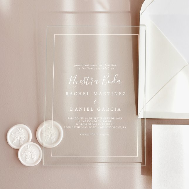 Minimalist White Romantic Classic Spanish Wedding Acrylic Invitations (Minimalist White Romantic Classic Spanish Wedding Acrylic Invitations)