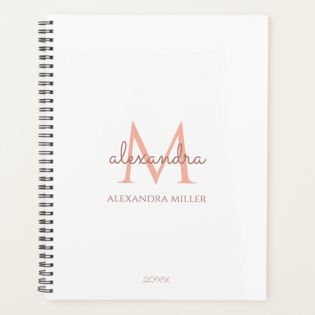 Minimalist White Rose Gold Monogram Name Modern Planner (Front)