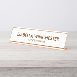 Minimalist white rose gold name title stylish chic desk name plate