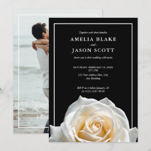 Minimalist White Rose on Black Wedding Invitation