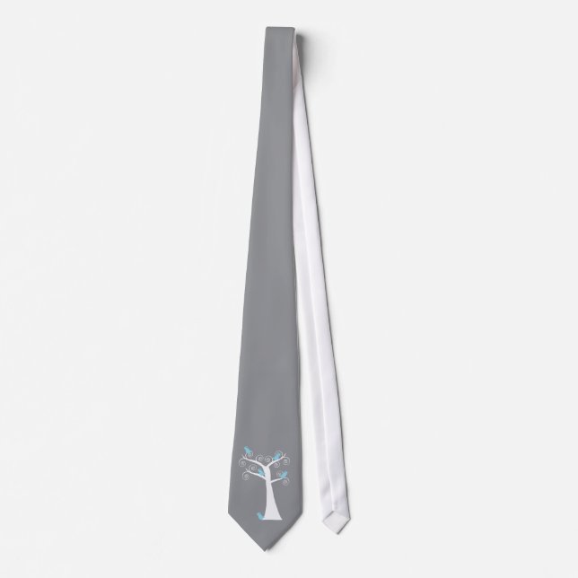 Minimalist White Spiral Tree with Blue Birds Tie (Front)