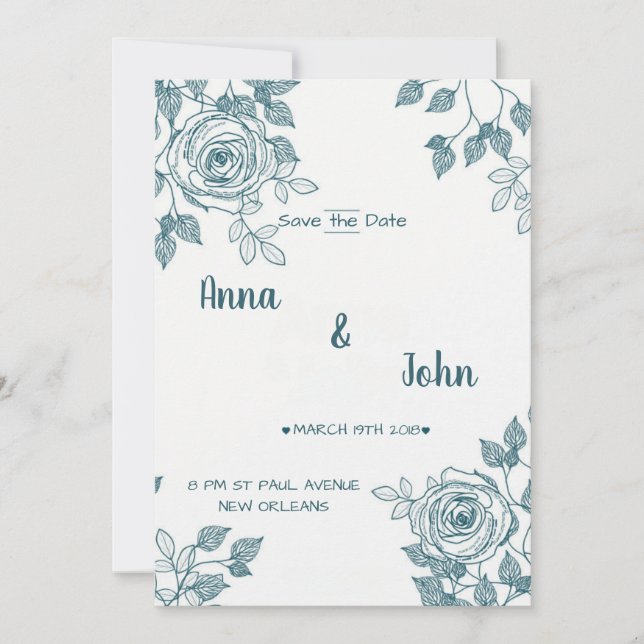 Minimalist White & Teal Floral Save the Date (Front)