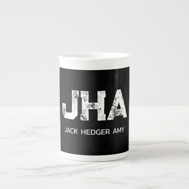 MINIMALIST WHITE THREE LETTER MONOGRAM NAME BLACK BONE CHINA MUG (Front)