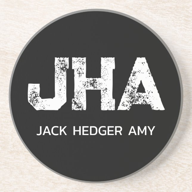 MINIMALIST WHITE THREE LETTER MONOGRAM NAME BLACK COASTER (Front)