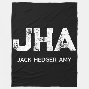 MINIMALIST WHITE THREE LETTER MONOGRAM NAME BLACK FLEECE BLANKET