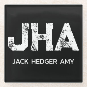 MINIMALIST WHITE THREE LETTER MONOGRAM NAME BLACK GLASS COASTER