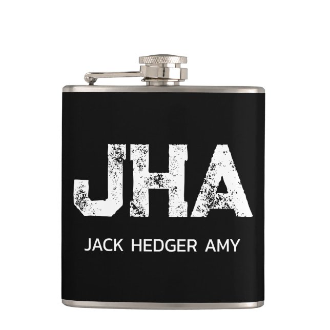 MINIMALIST WHITE THREE LETTER MONOGRAM NAME BLACK HIP FLASK (Front)