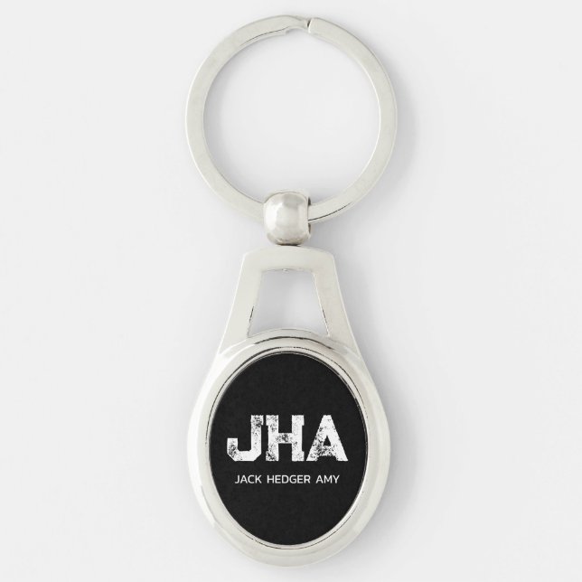 MINIMALIST WHITE THREE LETTER MONOGRAM NAME BLACK KEY RING (Front)