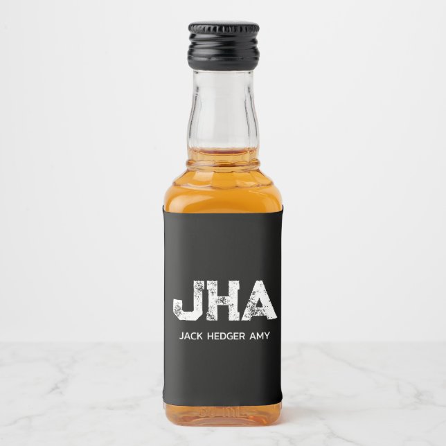 MINIMALIST WHITE THREE LETTER MONOGRAM NAME BLACK LIQUOR BOTTLE LABEL (Front)