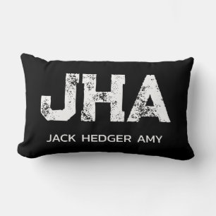 MINIMALIST WHITE THREE LETTER MONOGRAM NAME BLACK LUMBAR CUSHION